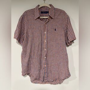Ralph Lauren Linen Men's Large Plaid Short Sleeve Button Down Shirt Orange Blue